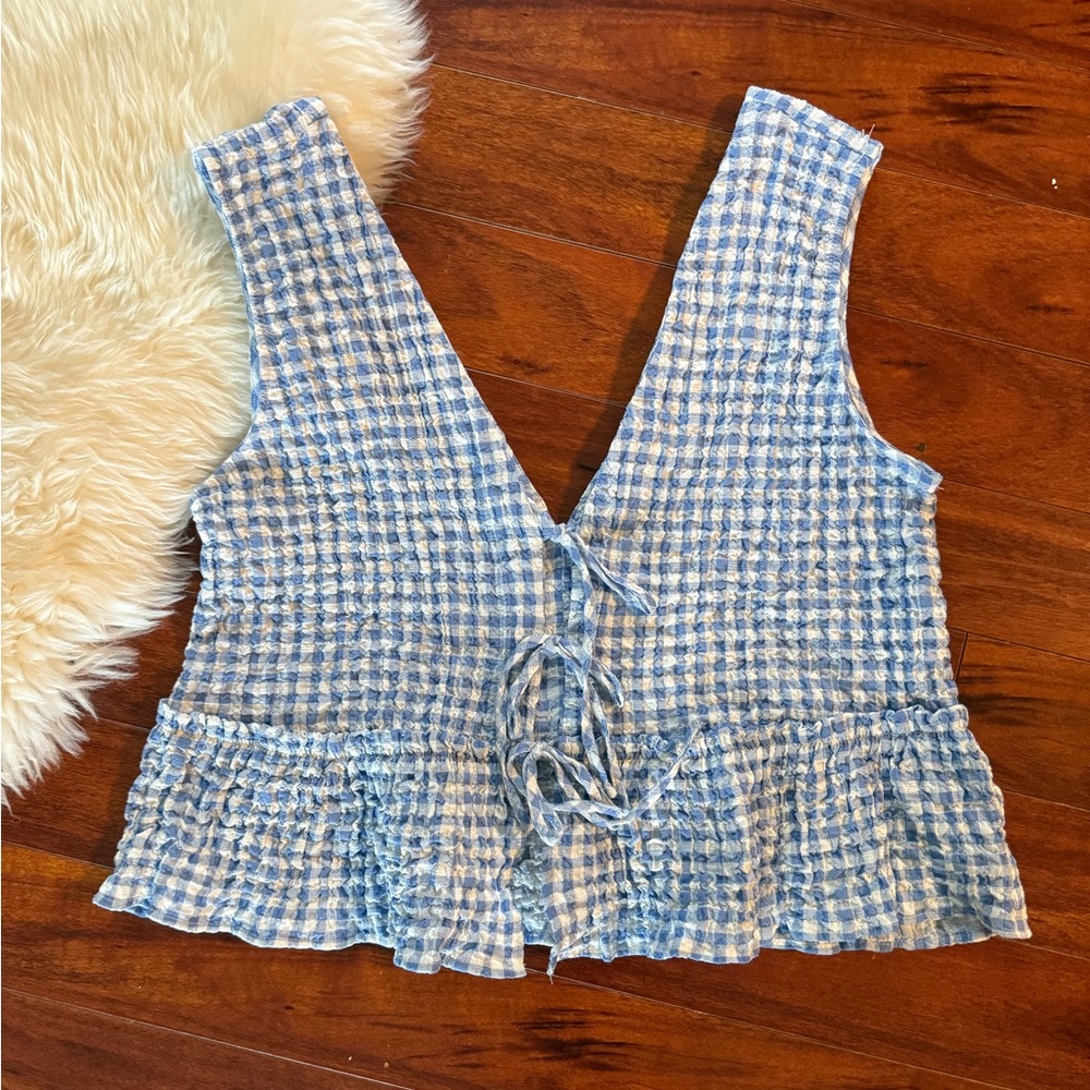 Zara Blue and White Gingham Tie-Back Ruffle Tank